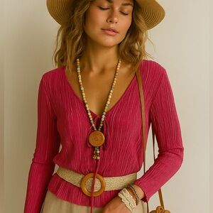 NWT Pink Ribbed Fitted Long Sleeve Blouse